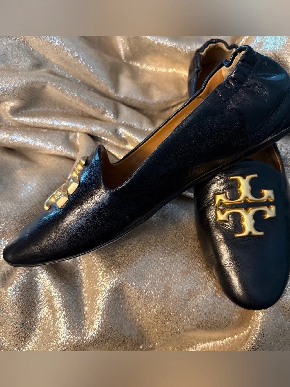 Tory Burch Black Leather Logo Ballet Flats with Gold Emblem